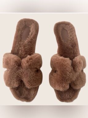 Hermes Oran Shearling Slides Women Size 41.5 Brown Fur Sandals Luxury Designer